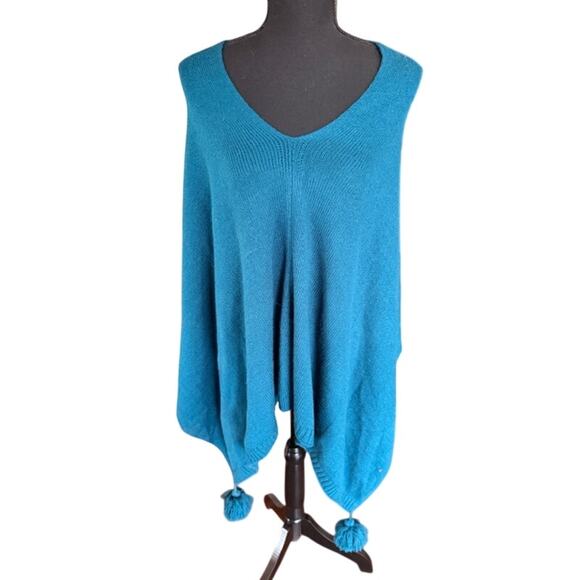 Ann Taylor Teal Knit Poncho Top Tassel Sleeves One Size - Picture 2 of 5